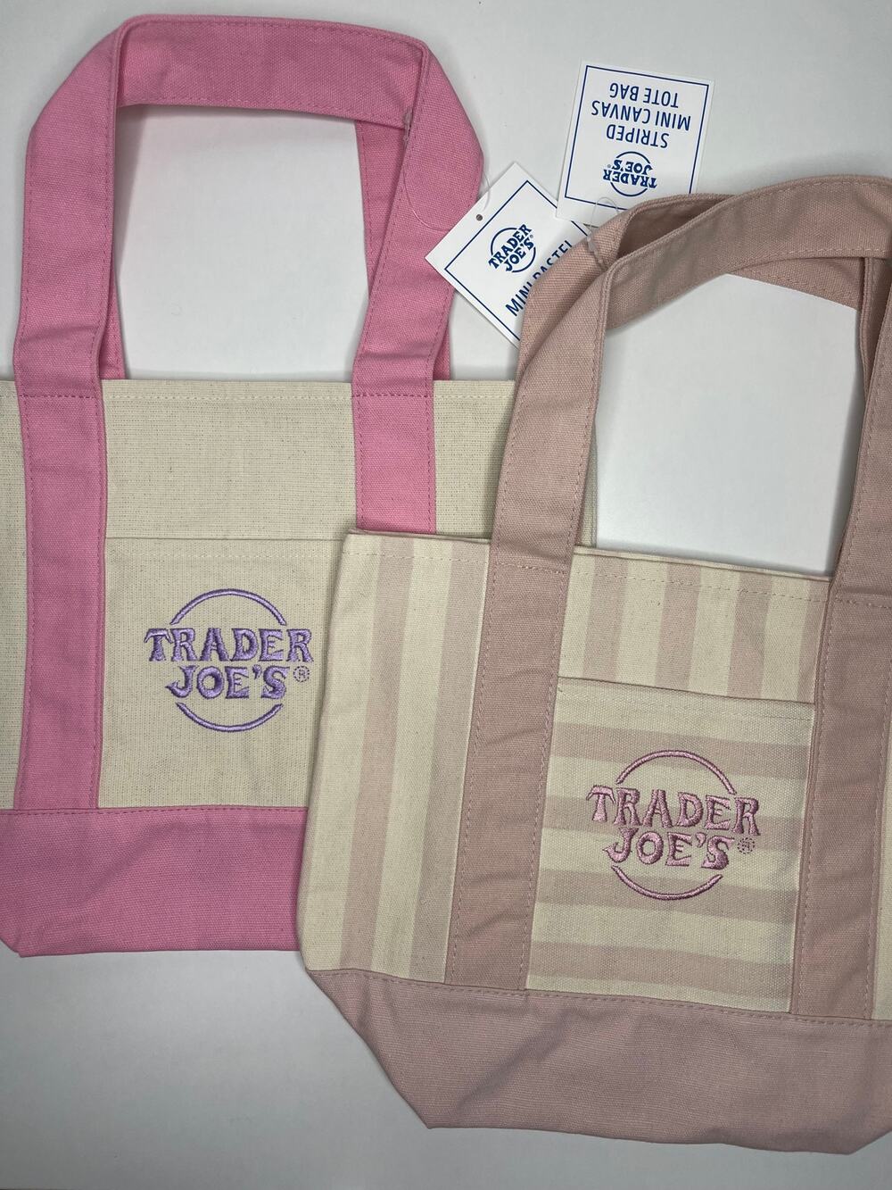 Set of 2 — Trader Joe’s Canvas MINI Tote Bags Prep Style — PASTEL PINK + STRIPES